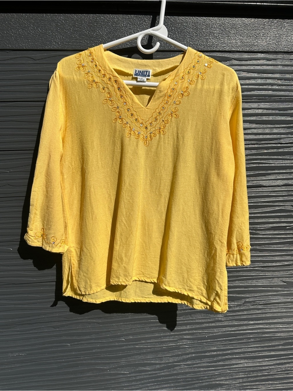 Vintage Uniti Casuals Linen Blend Embellished Yellow Tunic Top Medium